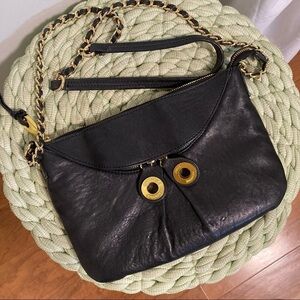 Joelle Hawkens Black Leather Crossbody Purse Crossbody with Gold Chain Strap